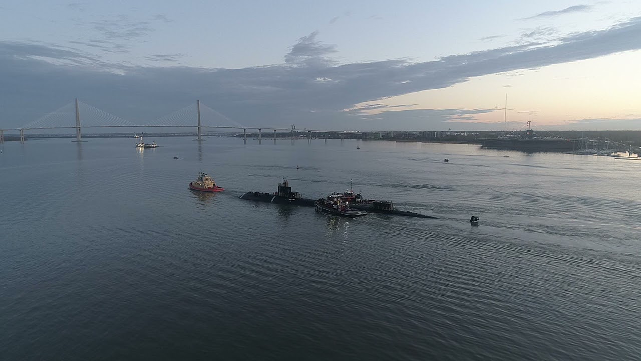 Drone Footage of the Charleston Harbor with a Navy Submarine View
